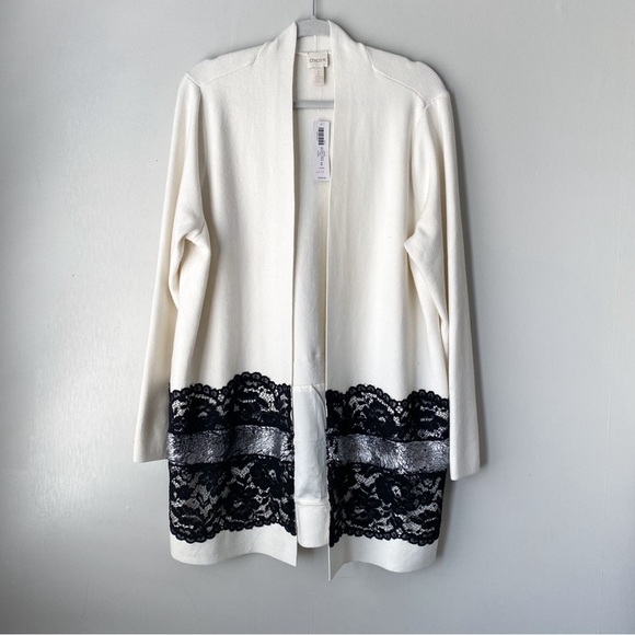 NWT Chicos Lace Drama Longline Open Front Cardigan White Large - Picture 1 of 13